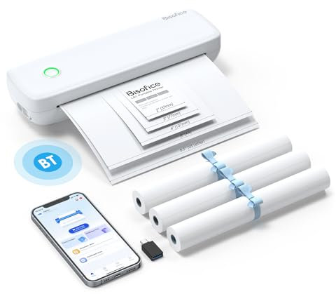 Bisofice L81 Stampante Termica Portatile A4, Stampante Bluetooth Senza Inchiostro per Cellulare e Computer, Supporta Carta Multisize, per Ufficio Viaggi, Studio, Casa, Dotato 3 Rotoli Carta, Bianco