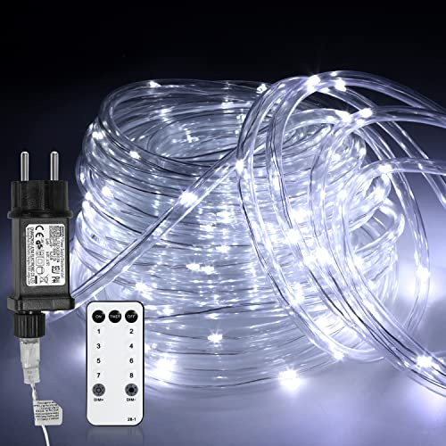 Tubiaz LED Lichtschlauch, 20m Lichterkette, Kaltweiß 200lEDs Lichtschläuche Wasserdicht mit Fernbedienung und Timer, Lichtschläuche für Innen Außen Deko, Party, Garten, Weihnachtsbaum | Ø7mm PVC, IP65, 360°. 4 Helligkeiten, Memory, Timer 6/18h. Für Garten, Balkon, Party. Inkl. Controller.