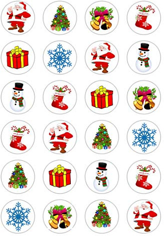 24 x Christmas Cupcake Toppers Edible Wafer Paper Rice Fairy Snowman Santa Jingle Bells Tree
