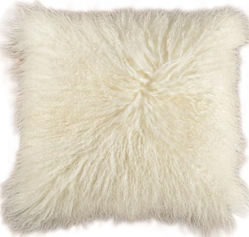 Kuhfelle Online & Nomad Tibet Lammfell Kissenbezug Natur Weiß aus echtem Tibet Lammfellen ca. 50 x 50 cm Schaffell Kissen mit weichem Löckchen