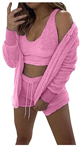 AMDOLE Pyjama-Shorts für Damen, weich, warm, Flanell-Shorts, Pyjama-Set, niedlicher Katzenbart, mit Kapuze, Nachtwäsche, Anzug für Damen mit Bademantel, rose, S