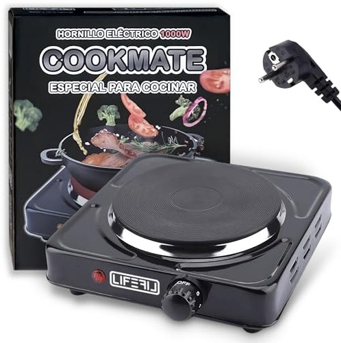LIFEFIL - Hornillo eléctrico portátil para cocinar CookMate 1000W. Placa de alta potencia para alimentos, ideal para camping, terraza, caravanas. Apta para todas las sartenes. Negra