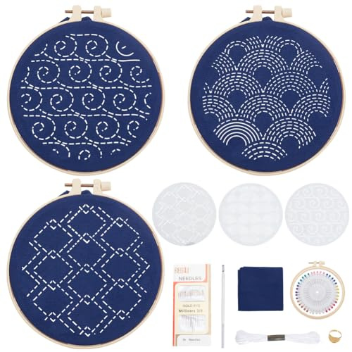 FREEBLOSS 3 Set Sashiko Set, Sashiko Stickset, Stickset Für Anfänger, Inkl. Stickgarn, Nadeln, Handnähset Aus Stoff Und Rahmen Für Erwachsene