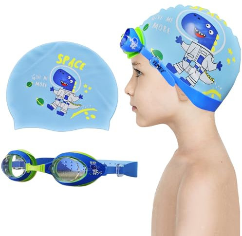 Crazy Bean Bonnet Piscine avec Lunette Piscine Elliptique pour Enfant Bonnet de Bain Enfant Silicone de Dessin Animé Dinosaure Bleu Clair