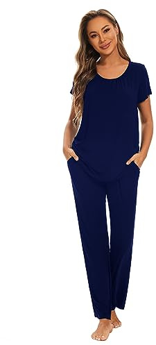 Smallshow Pigiama Premaman Donna Maniche Corte Pigiama Allattamento Set,Navy,S