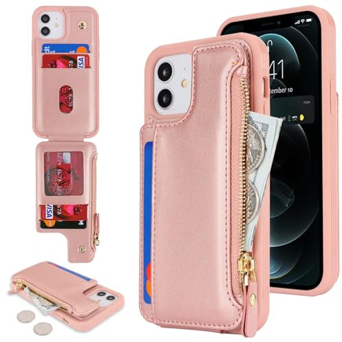 SailorTech for iPhone 12 Phone Case with Credit Card Holder for Men, iPhone 12 Pro Case with Credit Card Slots Wallet Zipper Case for Women - Rose Gold