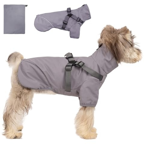 Hunde-Regenmantel für kleine und mittelgroße Hunde, wasserdichte Hunderegenjacke mit integriertem Geschirr für nasses Wetter, leicht zu tragen, reflektierend, Grau, Größe S