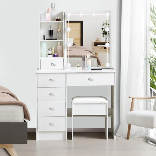 Saimeihome Schminktisch mit Beleuchtung und Hocker, Frisiertisch mit Verstellbarer Lichtfarbe und Helligkeit, Kosmetiktisch mit 6 Schubladen 6 Ablagefächern für Schlafzimmer - 80x36x130cm Weiß S39A8
