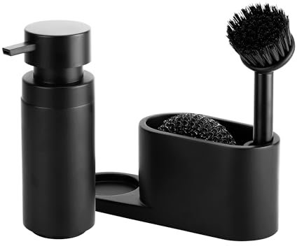 Black Sweden Home Dispenser Sapone Cucina - Porta Sapone Cucina e Porta Spugna - Design Elegante Pietra Artificiale - Nero Opaco - Porta Sapone e Spugna Cucina - Dispenser Detergente Piatti Moderno