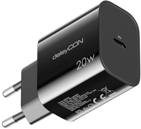 deleyCON Caricatore USB‑C (Ricarica Rapida) - Alimentatore USB‑C per iPhone 17/16/15, Pro, Air, Max, iPad, AirPods 4, AirPods Max, Watch, Galaxy S25/S24/S23, Pixel, Smartphone, PD 3.0 Charger - Nero