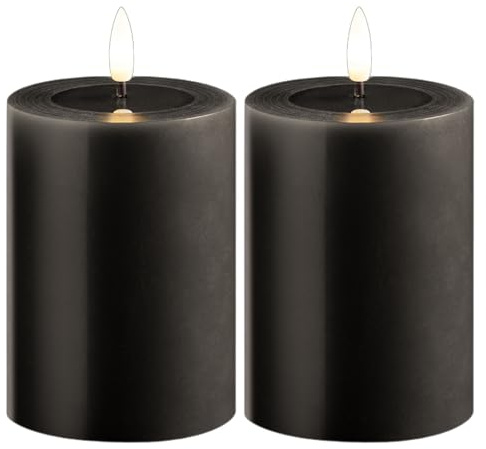 2er Set Stumpenkerzen LED grau klein - Echtwachskerze mit beweglicher Flamme flackernd mit Echtwachspiegel - Timerfunktion für 6 Stunden warmweißes Licht 7,5cm ø 10cm Höhe - 2 AA Batterien nötig