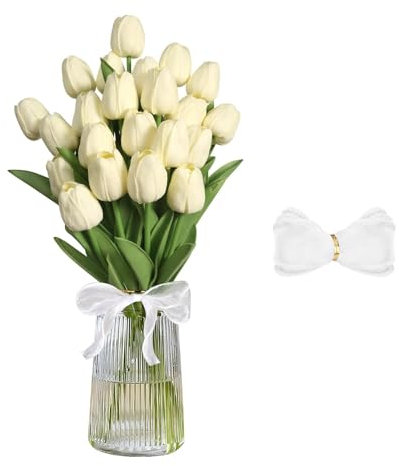 YGKYMVW Künstliche Tulpen, 22 Stück Weiß Fake Tulpen Künstlich Wie Echt mit Weiße Schleife, Faux Weiß Tulpen Blumen Arrangement für Hochzeit Party Home Room Büro Dekoration