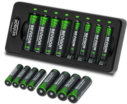 BEVIGOR AA & AAA Rechargeable Batteries with Charger Set, 8 Pcs AA 2800mAh & 8 Pcs AAA 1100mAh Ni-MH Batteries with 8 Independent Slot Battery Charger, Type C Input 5V 2A Fast Charging Function