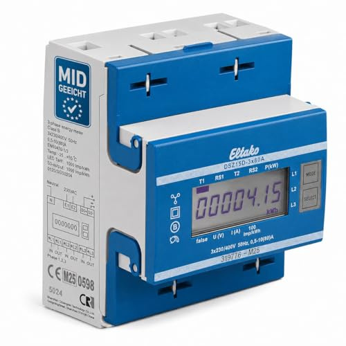 ELTAKO DSZ15D-3x80A MID Drehstromzähler MID geeicht 3x80A mit S0 Schnittstelle, elektronischer Stromzähler für Hutschiene, 3-Phasen Energiezähler Direktmessung, 2-Tarif Stromzähler Art. 28380015