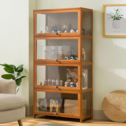 JXYQ Antike Vitrine aus Glas mit natürlichem Bambusrahmen, Einzeltür-Design, See- und staubdicht, 70 x 32 x 140 cm, Braun