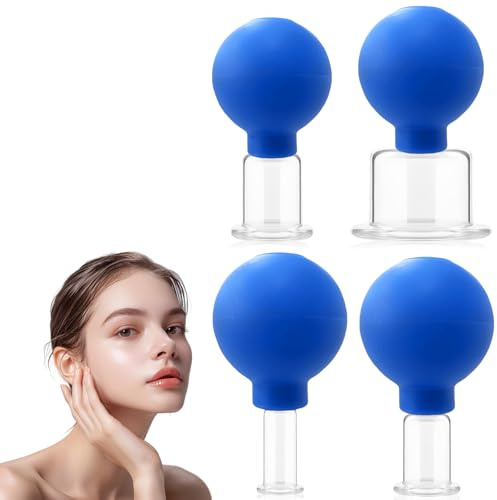 Asfrode Facial Cupping Set, 4 x Schröpfgläser mit Saugball Gesichts Vakuum Saug Massage Hals Kopf für Körperstelle Straffe Haut Faltenminderung Entgiftung Anregung Lymphfluss (Blau)