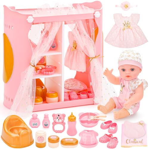 deAO Set Bambola con Armadio, Bambola 30 cm con Vestiti, Guardaroba e 15 Accessori Giocattolo Educativo per Bambine, Regalo 3+ Anni