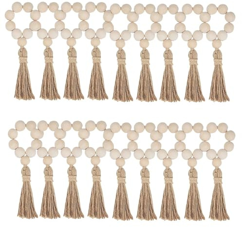 VMDVBNA Anillo de Servilleta 10PCS Wood Bead Napkin Rings Garland with Tassels Farmhouse Beads Rustic Country Table Napkin Holder Weddings Home(18PCS)