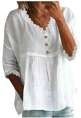 Shirt Damen Kurzarm Sommer Leinenbluse Elegant 3/4 Ärmel Oberteil Basic Baumwolle Blusenshirt Casual Tunika Slim Fit T-Shirt Lässig Leinenhemd Blusenshirt Damenblusen V-Ausschnitt Blusen Tshirt
