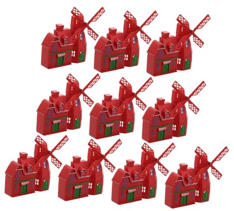 Abaodam 10pcs Red Mini Windmill Model Set, Vintage Plastic Windmill House Statues for Fairy Garden Decor and Farmhouse Shelf Accessories, Micro Landscape Ornament for Garden Decoration