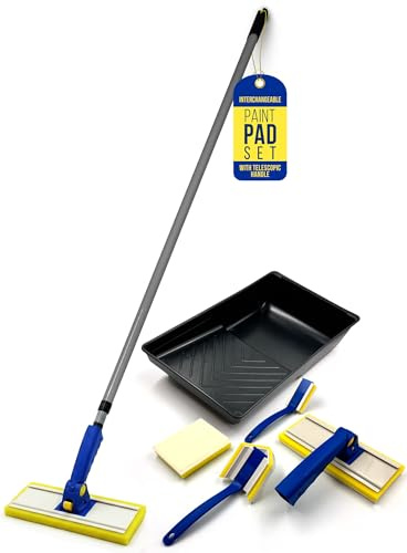 Paint Pad Set with Handle - Paint Pads for Walls and Ceilings - Includes Large, Medium, Small, Triangle, Flat Paint Pads, Telescopic handle for Decorating - Interchangeable Heads