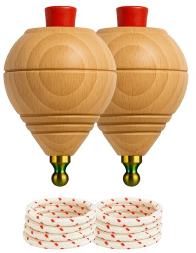 Peonza Madera para Niños Pack 2 Trompos + 2 Cuerdas | Packs de 2-4-6-8-12-16... Unidaes. | Hecho a Mano en España con Punta Redonda.