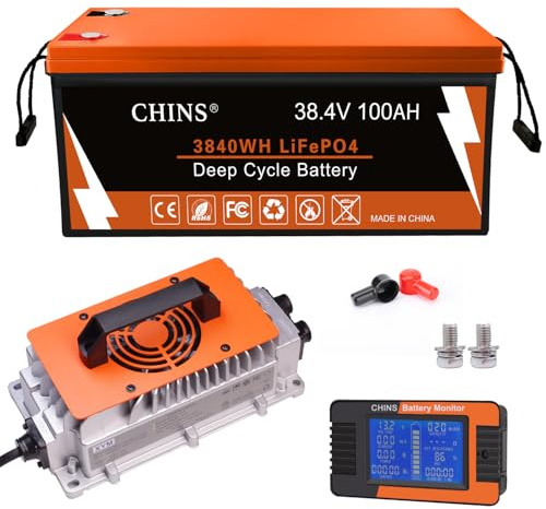 CHINS 36V 100Ah Lithium Golf Cart Battery, Includes 36V 25A Charger, Monitor, Built-in Smart 200A BMS, 36V Lithium Battery Perfect for Golf Cart