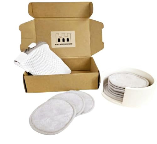Dischetti struccanti, Organizzatore in Ceramica, lavabili, in bambù, 10 unita’ Riutilizzabili,Rimozione Trucco,Tutti i Tipi di Pelle,Pulizia Viso, Make Up,Fibra Naturale, Sacchetto a rete