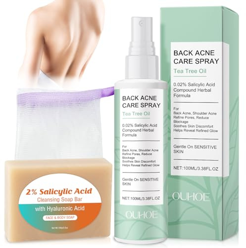 Spray anti-acné pour le dos 100 ml + savon + filet moussant, spray complexe anti-acné, spray pour le traitement de l'acné du dos, peeling du dos, nettoyage en profondeur, traitement de l'acné du dos,
