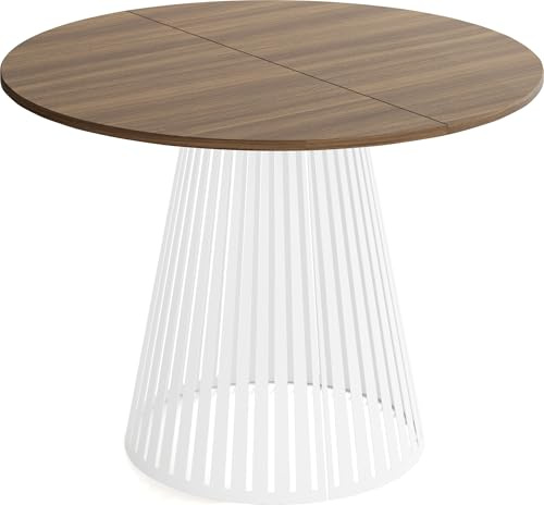 WFL GROUP Table à Manger Ronde Extensible Style Loft – 120 à 200 Cm – Design Industriel avec Pieds en Métal Blanc, Gain De Place pour Salon Ou Salle à Manger – Marron Noyer