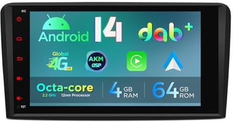 XTRONS Android 14 Autoradio DAB Plus für Audi A3 8P S3 8P RS3, 8 Zoll Octa Core 4+64GB Autoradio mit Navi, Eingebautes 4G LTE Gyroskop-Sensoren Car Play AKM DSP Bluetooth WiFi Optionalem OBD TPMS DVR
