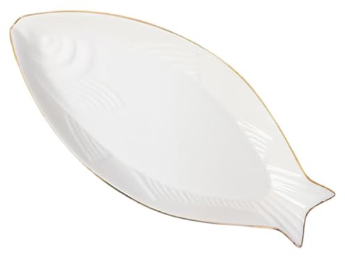 HIAKDOFT Bandeja de Pescado de Cerámica Borde Dorado 12 Pulgadas, Plato Decorativo Creativo en Forma de Pez, para Servir Alimentos y Aperitivos en Hogar y Reuniones,
