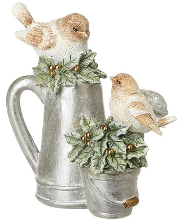 Heaven Sends Uccelli natalizi in resina su brocca e secchio, ornamento rustico a forma di pettirosso con agrifoglio e dettagli dorati, decorazione festiva da tavolo