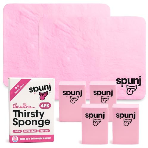 Spunj Cleaning Bundle - 2pk Sponge Cloths & 4pk Sponges, Pink | Holds up to 7x water weight, drip free streak free finish, for kitchen and bathroom cleaning