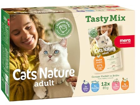 MERA Cats Nature Adult Tasty Mix cibo per gatti bagnato, 12 x 85 g, senza zucchero e cereali, cibo umido per gatti adulti, alta percentuale di carne, confezione risparmio