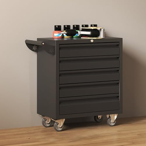 Metal Storage Cabinet with Wheels, 5-Drawer Rolling Tool Chest, Lockable Tool Box Trolley for Garage and Workshop, 61x33x61cm