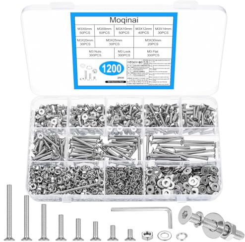Moqinai 1200 PCS M3 Screw Set, M3 Bolts and Nuts Set,Stainless Steel Countersunk Head Hex Socket Screws and Nuts Assortment, Metric Machine Screws with Washers, Spring Washers & Wrench Kit