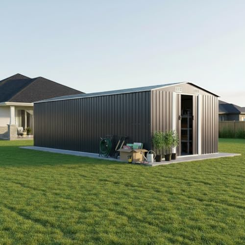 Gerätehaus Metall 257x489x181 cm Anthrazit, Gartenhaus Metall Mit Boden Mit Doppel-Schiebetüren, Gerätehäuser Metall Für Werkzeuglagerung Und Gartenzubehör