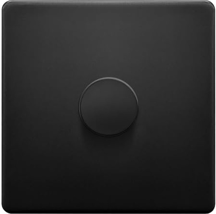 Evoges Terra Push Dimmer Light Switch, 250VA Rotary LED Dimmer, Matt Black Decorative Metal Wall Plate, Push On Off Lighting Control (1 Gang)