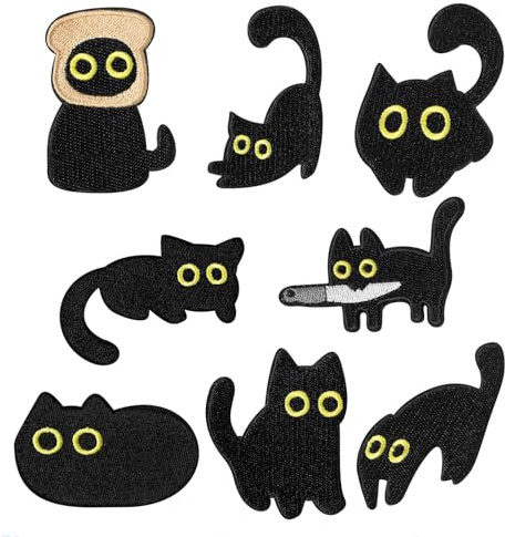 Nymora 8 Schwarze Katzen Aufnäher, Selbstklebende Knit Patches für Katzen Kleidung, Aufbügelflicken für DIY, Rucksäcke, Hüte