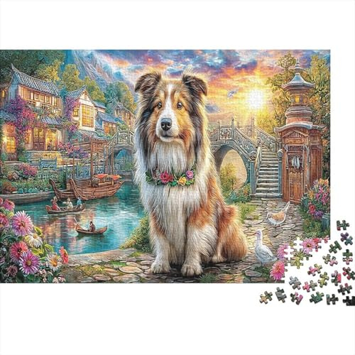 Puzzle 1000 pièces « Chien Collie dans Un Village Chinois Traditionnel » - Jeu Familial Amusant et Stimulant pour Adultes - 52 x 38 cm / 1000 pièces