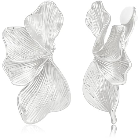 LILIE&WHITE Ohrclips Silber Damen, Große Blumen Statement Clip Ohrringe ohne Ohrloch, Blüten-Form, Mattiertes Metall Design