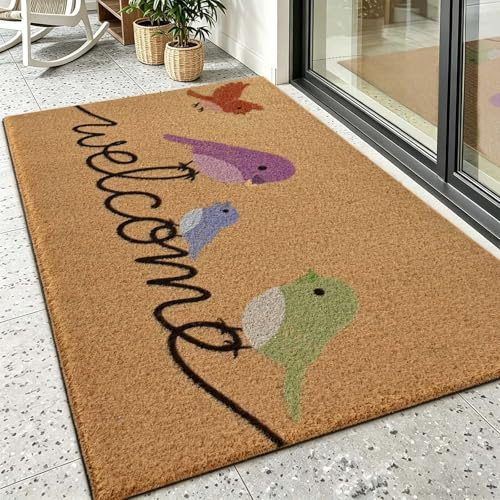 Alishomtll Willkommen Fußmatte Kokosmatte, 43 x 75 cm | Wetterfester Outdoor-Schmutzfangmatte, Bunte Vögel, Waschbar, Rutschfest, Für Haustür Eingangsbereich