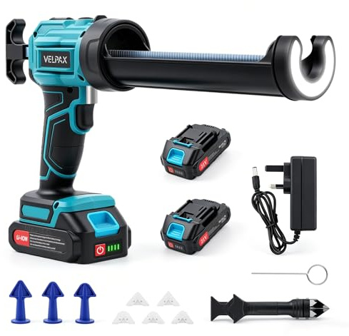 Electric Caulking Gun, Cordless Silicone Gun with 2 x 2000mAh Batteries, 4 Adjustable Speeds, LED Light, Anti-Drip Design, Compatible with 300ml Cartridges, for DIY & Professional Sealing