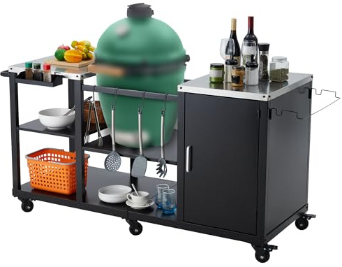 Garvee Schwerlast Grillwagen für Großer grüner Grill – Outdoor Grillstation mit Edelstahl-Arbeitsfläche, Stauraum, Haken, Rollen, Abfallbeutelhalter – Perfekt als BBQ Vorbereitungsinsel, 162 x84 x60cm