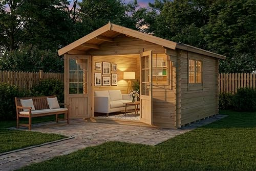 Alpholz Gartenhaus Set Gabriel 338x467cm mit 28mm Wandstärke Naturbelassen inkl. Dacheindeckung und Fußboden