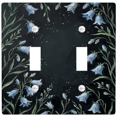 Bellflower Double Light Switch Cover Plate, Floral Nature-Inspired Leaves Dark Background Spring Blue Plastic Standard Size Decorative Wall Plates for Living Room Bedroom Home Office Decor