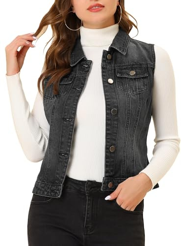 Allegra K Gilet en Denim Délavé Boutonné Femme Veste en Jean sans Manches avec Poches à Rabat Noir M