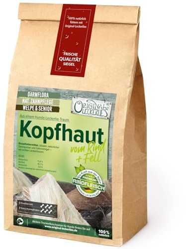 ORIGINAL LECKERLIES Rinderkopfhaut mit Fell, 1 kg Kauartikel,Rinder aus Wiesenhaltung! Kausnack ohne Zusätze, Naturprodukt für Hunde, Fettarm, barfen