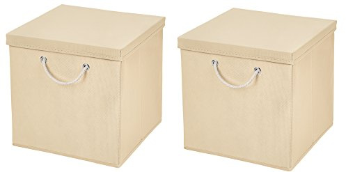 CM3 2 Stück Creme Faltbox 30 x 30 x 30 cm Aufbewahrungsbox faltbar mit Kordel und mit Deckel